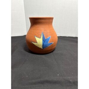 Southwestern Style Clay Pottery Vase Hand Painted Blue Yellow Desert Decor
